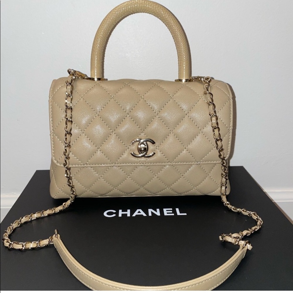 21A Chanel Caviar Lizard Embossed Mini Coco Handle Flap Dark Beige